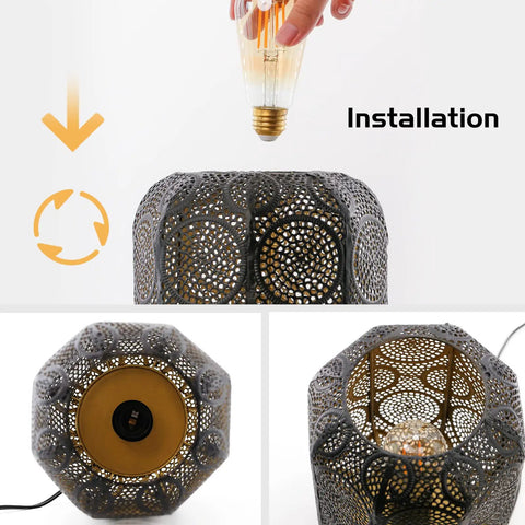 Installation of Industrial Table Lamp For Nightstand And Desk With Plug In Power, Black Hollow Carved Metal Cage Lantern