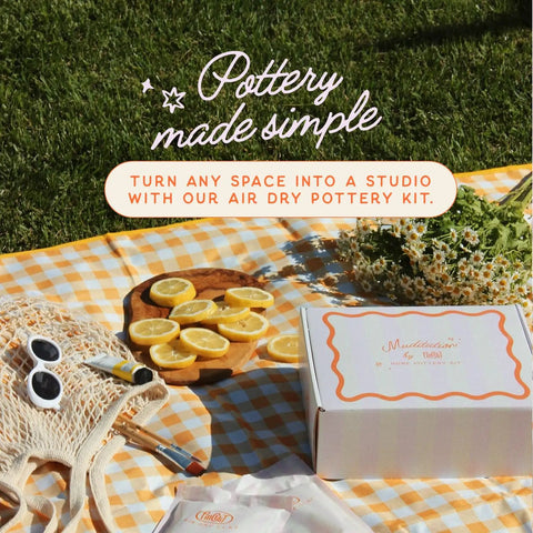 Air Dry Clay Pottery Kit For Adults Complete Craft Set displayed on picnic blanket with lemons and daisies