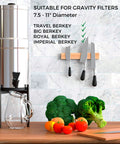 Adjustable Water Filter Stand With 10 Inch Lift displayed on countertop with pitcher, compatible with Berkey gravity dispensers.