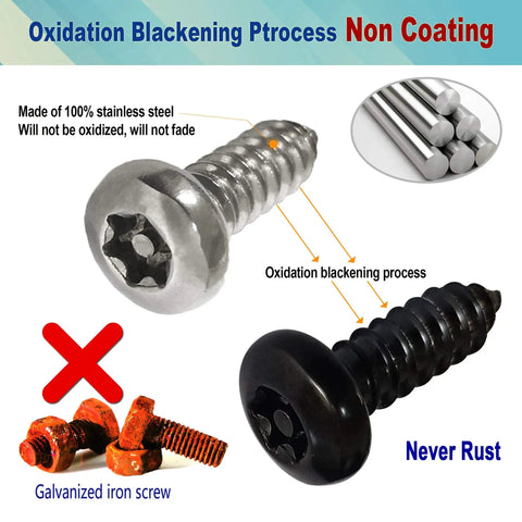 Comparison of black stainless steel and galvanized iron screws with focus on oxidation blackening process for anti-rust.