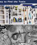 Before and after of organized garage using J Utility Hooks Heavy Duty Garage Wall Hangers For Tool Organization 25 Pound Capacity Easy Screw On Installation On Studs Walls Concrete Anti Rust Black Finish Tubular Metal Set Of 6.