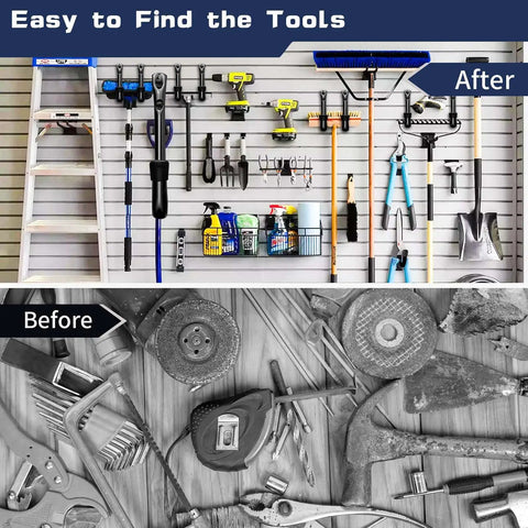 Before and after of organized garage using J Utility Hooks Heavy Duty Garage Wall Hangers For Tool Organization 25 Pound Capacity Easy Screw On Installation On Studs Walls Concrete Anti Rust Black Finish Tubular Metal Set Of 6.