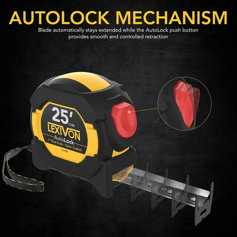 AutoLock Tape Measure 25 Feet 7 And A Half Meters With 1 Inch Nylon Coated Blade displayed with features highlighted