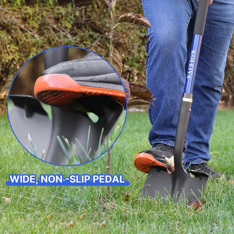 Person using Heavy Duty Shovel With Fiberglass Handle 57 Inch Spade For Gardening, Trenching, Planting And Transferring, Tough As Nails