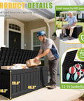 82 Gallon Outdoor Storage Box With Lid For Patio Backyard Gear Garden Tools Pool Supplies Waterproof UV Resistant Lockable Weatherproof Storage Bin Black with open lid showing boxes inside.