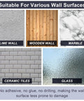 Display showing different wall surfaces including lime, wood, marble, ceramic tiles, and glass with no adhesive required.