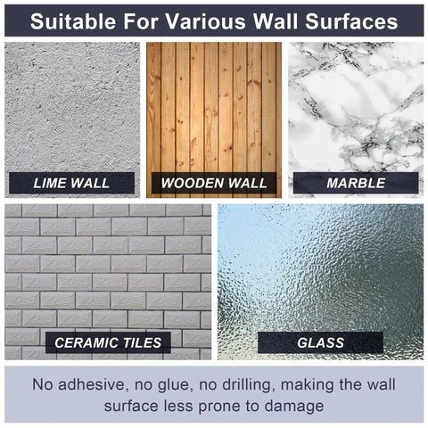 Display showing different wall surfaces including lime, wood, marble, ceramic tiles, and glass with no adhesive required.
