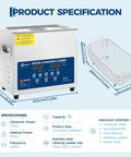 6L Ultrasonic Cleaner With Heater 40kHz Digital Timer Stainless Steel Tank specifications and stainless steel cleaning basket shown.