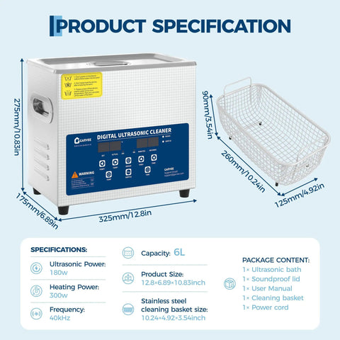 6L Ultrasonic Cleaner With Heater 40kHz Digital Timer Stainless Steel Tank specifications and stainless steel cleaning basket shown.