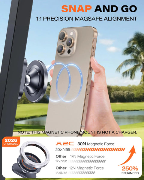 Hand holding iPhone 14 aligned with MagSafe Dual Magnetic Golf Cart Phone Holder With Aluminum Alloy Construction next to a golf course scene.