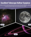 Collage of nebula, moon, and planets viewed with 2 Inch Kellner Wide Field Eyepiece 32mm Fully Multi Coated Lens With Filter Thread.