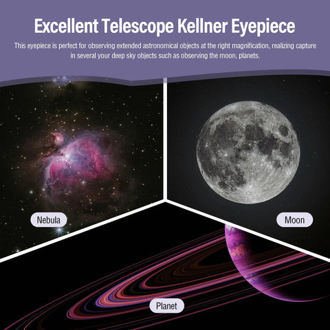 Collage of nebula, moon, and planets viewed with 2 Inch Kellner Wide Field Eyepiece 32mm Fully Multi Coated Lens With Filter Thread.