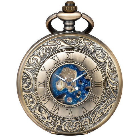 Mechanical Skeleton Pocket Watch With Roman Numerals Double Cover Half Hunter Design Bronze Tone Dial Standable On Table Photo Frame Inside Premium Box And Chain For Men And Women Dope Vintage Style