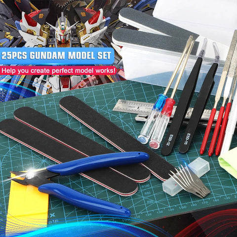 25-Piece Model Building Tools Kit for Hobbyists and DIY Enthusiasts with cutting, sanding, and engraving tools on work surface
