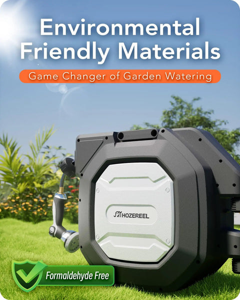 Five Eighth Inch By One Hundred Foot Heavy Duty Retractable Garden Hose Reel With Wall Mount in garden setting