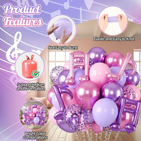 Pink And Purple Music Note Foil Balloons Set, 12 Inch Metallic Balloons Mix for parties with features highlighted