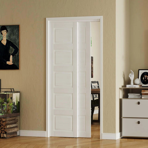 Five Panel Sliding Closet Door Kit With Track And Floor Guide No Fuss Install For 60 By 80 Inch Openings White MDF Doors With Smooth Glide
