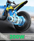 S1 Kids Electric Balance Bike with 200W Motor and UL2272 certification in blue on paved path