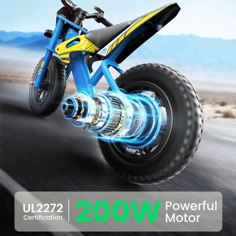 S1 Kids Electric Balance Bike with 200W Motor and UL2272 certification in blue on paved path