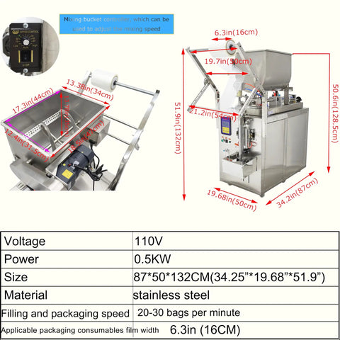 Heavy Duty Stainless Steel Automatic Liquids Filling And Sealer With Horizontal Mixing Hopper showing detailed dimensions and controls.