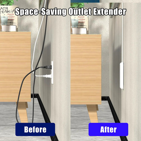 Before and after comparison of Hassle Free 3 Foot Flat Plug Extension Cord Power Strip With Three Upward Outlets.