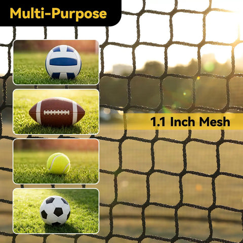 Backyard Baseball Batting Cage 22 Ft Portable With Heavy Duty Net Durable 4 Layer Polyester Ideal Softball And Baseball Training Easy Setup Superior Ball Stopping Power Includes Complimentary Handbag, showcasing 1.1 inch mesh with various sports balls