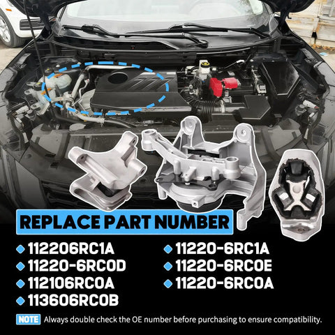 Close-up view of engine compartment showing 3 Pack Heavy Duty Engine Motor Mounts Fits 2022 2025 Nissan Rogue 1.5L Fwd.