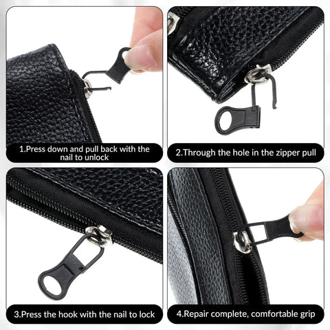 Step-by-step installation of 10 Pack Metal Zipper Pull Replacement Tabs for quick repair on bags and jackets.