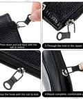 Steps showing how to attach 10 Pack Detachable Zipper Pull Tabs Replacement Kit in Black and Silver Gray for jackets and bags.