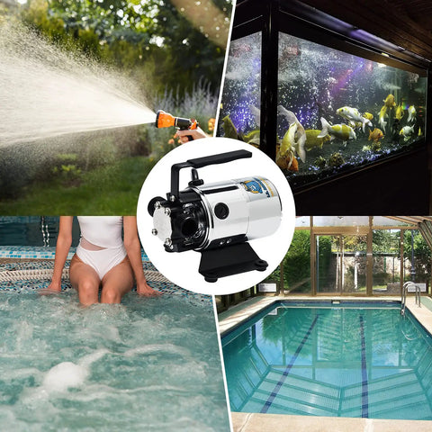 Self Priming Portable Electric Water Transfer Pump 115V 330GPH With Suction Hose Kit shown with lawn, aquarium, pool, and hot tub.