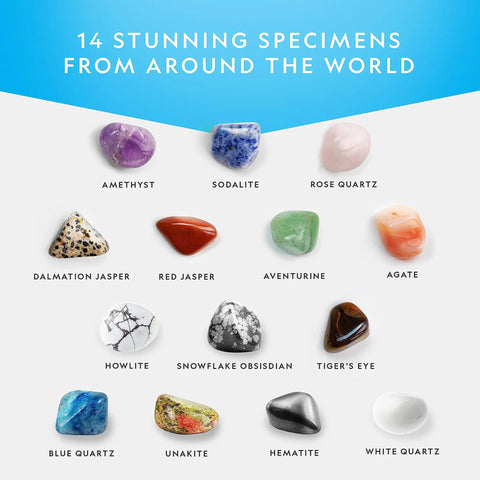 2 Lb Polished Stones And Crystals Bulk Collection Kit For STEM Fun Featuring Agate Amethyst Blue Quartz Rose Quartz Tigers Eye Sodalite Hematite And Jasper Varieties For Awesome Hands On Learning. 14 polished stones arranged by type