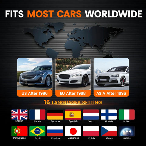 Fits Most Cars Worldwide with images of US, EU, and Asia cars 1996 and newer, 16 languages setting icons displayed.