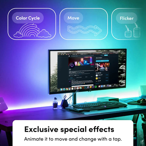 Six Point Six Feet Dope Smart LED Strip Lights Kit with Multizone RGB and Tunable White behind monitor showing lighting effects.