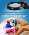 All In One LED Desk Lamp With Built In Magnifier Go To Tool, hands holding colorful threads, showcasing 95+ CRI lighting.