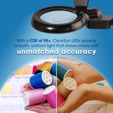 All In One LED Desk Lamp With Built In Magnifier Go To Tool, hands holding colorful threads, showcasing 95+ CRI lighting.