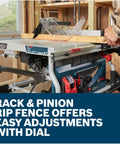 Heavy Duty 10 Inch Portable Jobsite Table Saw With Gravity Rise Wheeled Stand And 15 Amp Motor Featuring Three Second Safety Brake, rip fence adjustment.