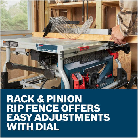 Heavy Duty 10 Inch Portable Jobsite Table Saw With Gravity Rise Wheeled Stand And 15 Amp Motor Featuring Three Second Safety Brake, rip fence adjustment.