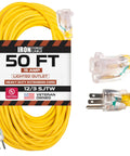 Heavy Duty 50 Foot Outdoor Extension Cord With Lighted End 12 3 SJTW Yellow Cable 3 Prong Grounded Plug 15 Amp