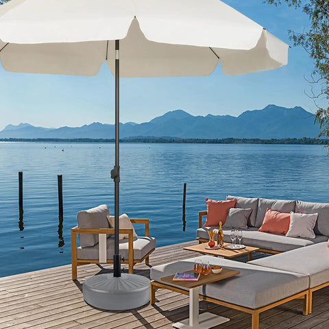 Beefy Heavy Duty Umbrella Base Tube For Outdoor Patio Umbrella Stand with white canopy on lakeside deck