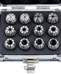 12 Piece ER 20 Collet Set With Sizes From 1/16 Inch To 1/2 Inch In A Tough Aluminum Box, Precision Machining For Tight Grips, Open Box View