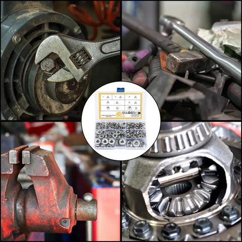 Pro Grade Stainless Steel Flange Nuts Kit With Serrated Hex Lock Nuts Assorted Metric Sizes M3 Through M12 130 Piece Set in use on machinery and tools