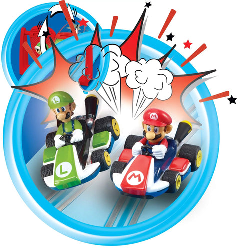 Carrera First Nintendo Mario Kart Slot Car Race Track Set With Mario And Luigi Two Cars Dual Controllers Battery Powered