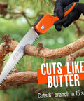 11 Inch Folding Camping Saw With Heavy Duty Pruning Blade cutting a branch, triple cut SK5 steel, visible TPI teeth