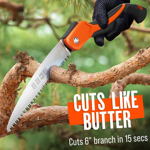 11 Inch Folding Camping Saw With Heavy Duty Pruning Blade cutting a branch, triple cut SK5 steel, visible TPI teeth