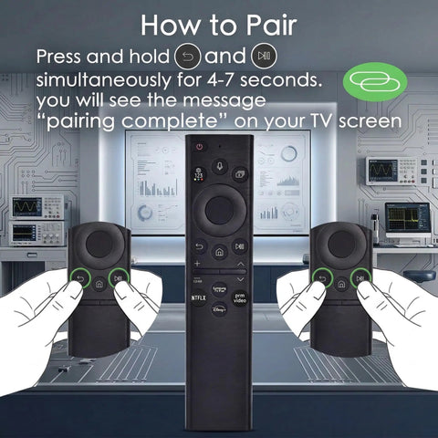 Voice Remote Replacement For Samsung Smart TV With Easy Setup And Voice Control Netflix Disney Plus And Prime Video Buttons shown with pairing instructions