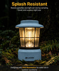 Retro LED Lantern For Outdoor Adventures And Emergencies in blue, lit up in a forest, displaying splash resistance.