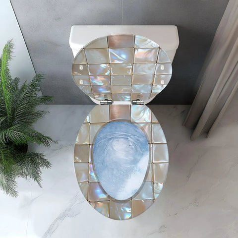 Elongated Resin Toilet Seat for Bathroom with a glossy tiled design, installed over a toilet, showcasing blue water.