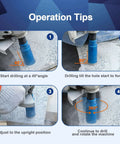 Diamond core drill bit, blue, 5/8-11 thread for granite/stone; four-step operation tips chart.