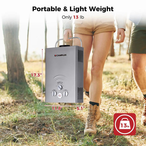 Image of Portable Propane Water Heater For Camping With 41,000 BTU And 1.58 GPM Flow, Lightweight 13 Lb Tankless Outdoor Shower Heater