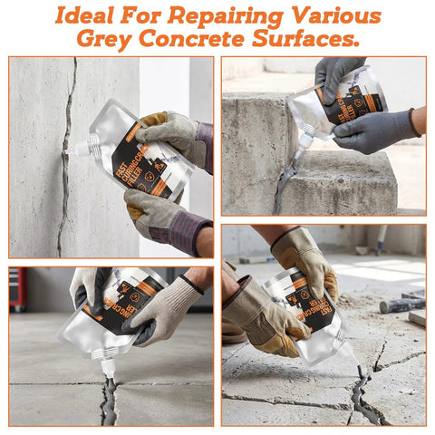 Tough As Nails Concrete Crack Filler And Waterproof Sealer For Driveways Patios And Garage Floors applied on crack in gray concrete.